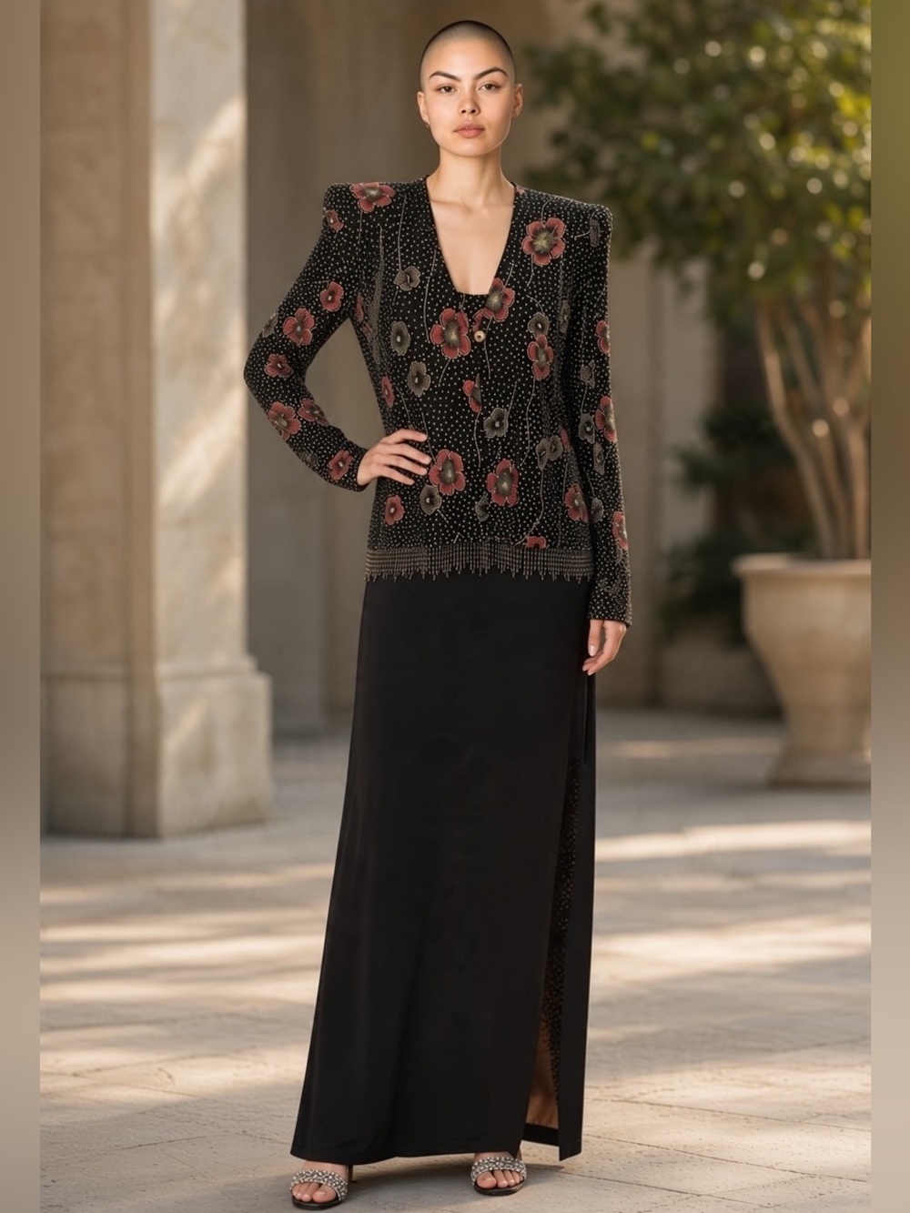 JOSEPH RIBKOFF 2PC BLACK W METALLIC GOLD DOTS & ROSE FLORAL PRINT MAXI DRESS 16
